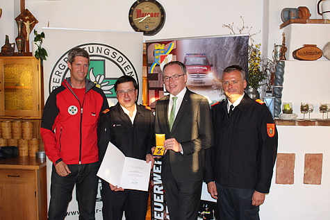 Bergrettungskommandant  Martin Gurdet, BFKDT LFR Ing. Richard Feischl, LR Dr. Stefan Pernkopf und LBD Dietmar Fahrafellner,MSc
